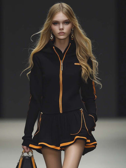 Elegant Sporty Yellow Trim Black Sweatshirt Style Mini Dress