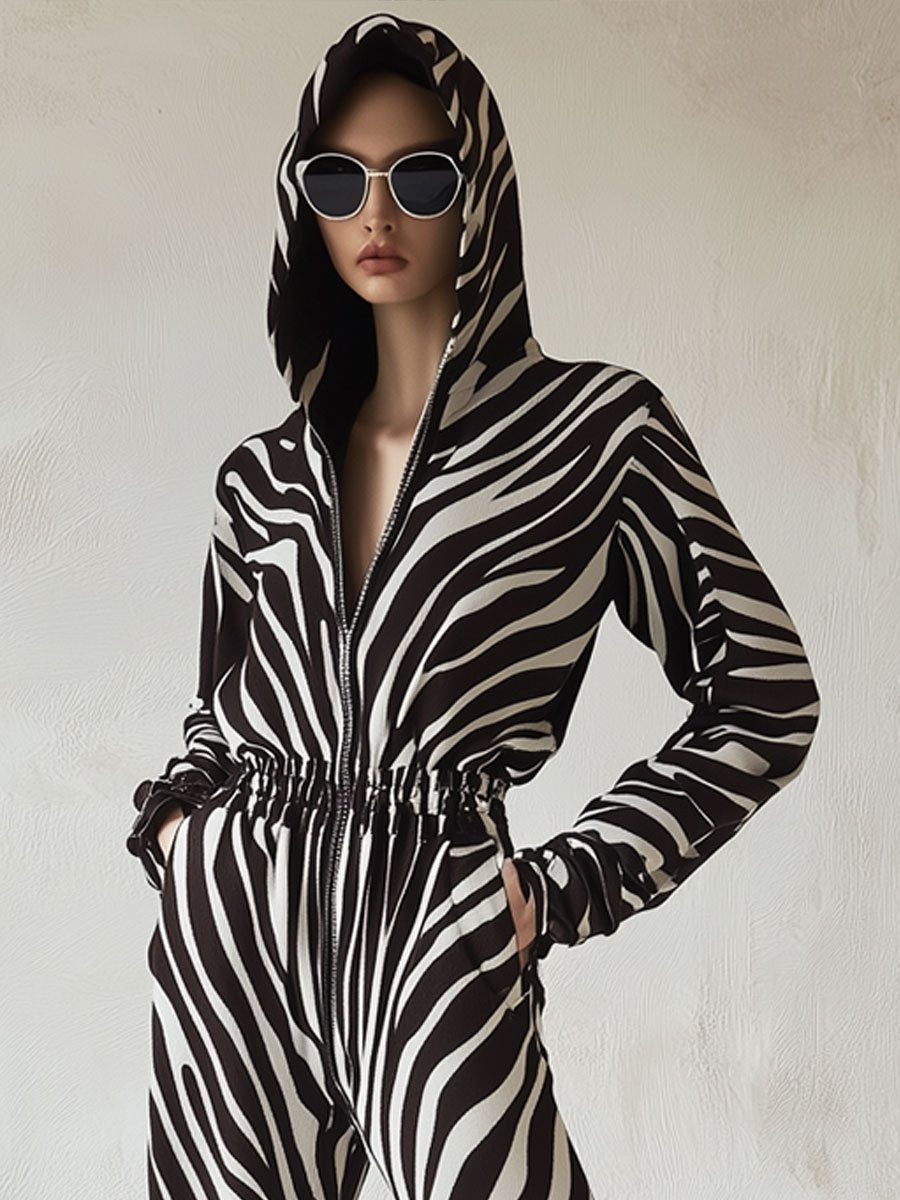 Casual Loose Vintage Velvet Zebra Print Pocket Zipper Jumpsuit