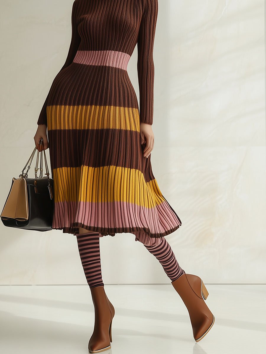 Fashion Loose Retro Color Striped Knitted Turtleneck Midi Dress