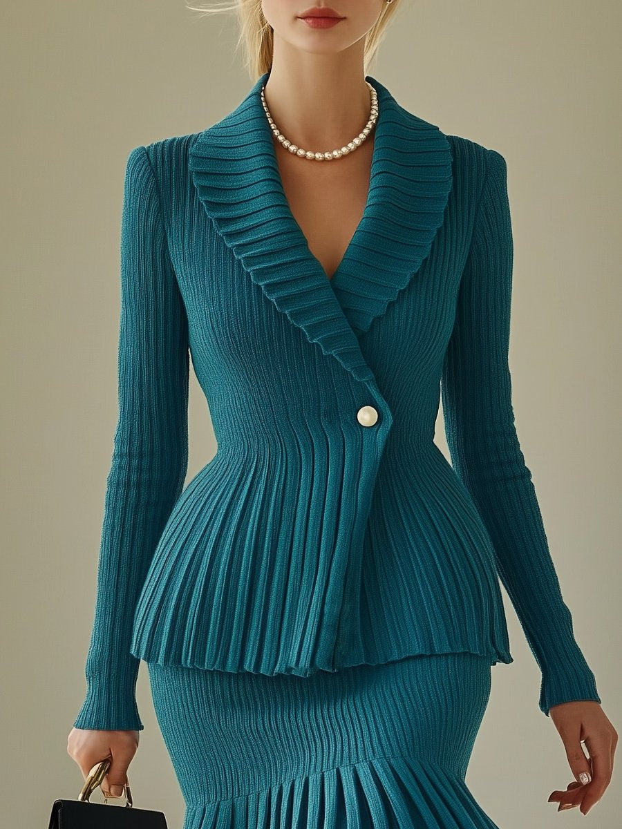 Elegant Lapel Peacock Blue Long Sleeve Sweater Cardigan