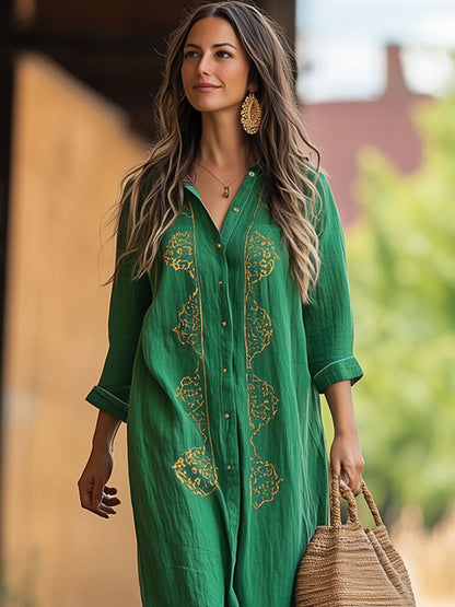 Casual Loose Cotton and Linen Gold Embroidery Long Sleeve Shirt Maxi Dress