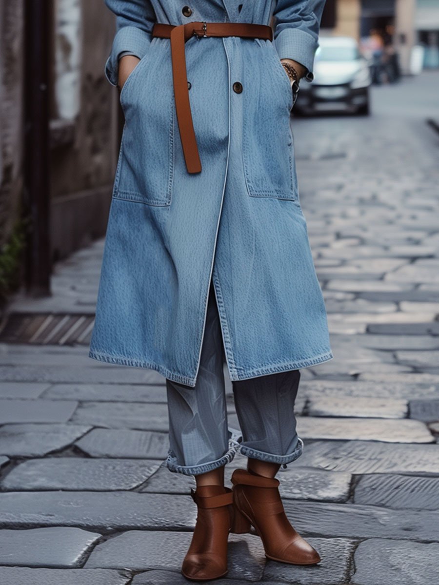 Casual Loose Retro Double-Breasted Large Pocket Denim Trench Coat