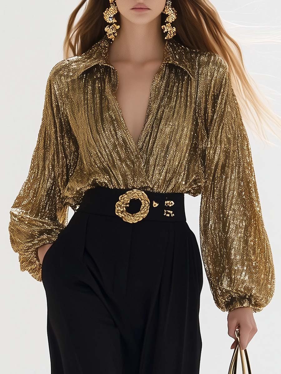 High-end Fashion V-neck Lantern Sleeves Gold Shiny Texture Shirt