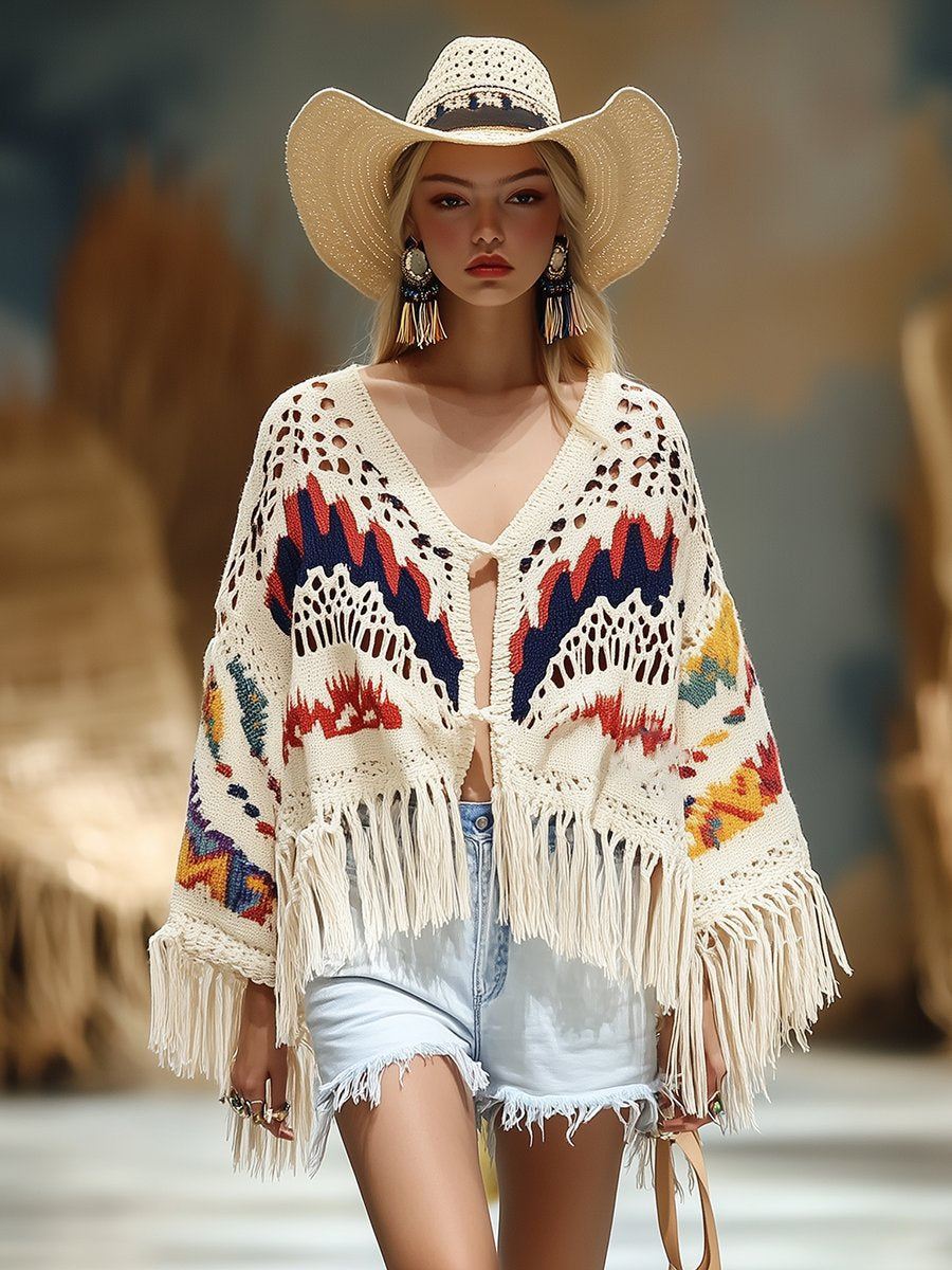 Retro And Fashionable Ethnic Style Colorful Crochet Tassel Cardigan