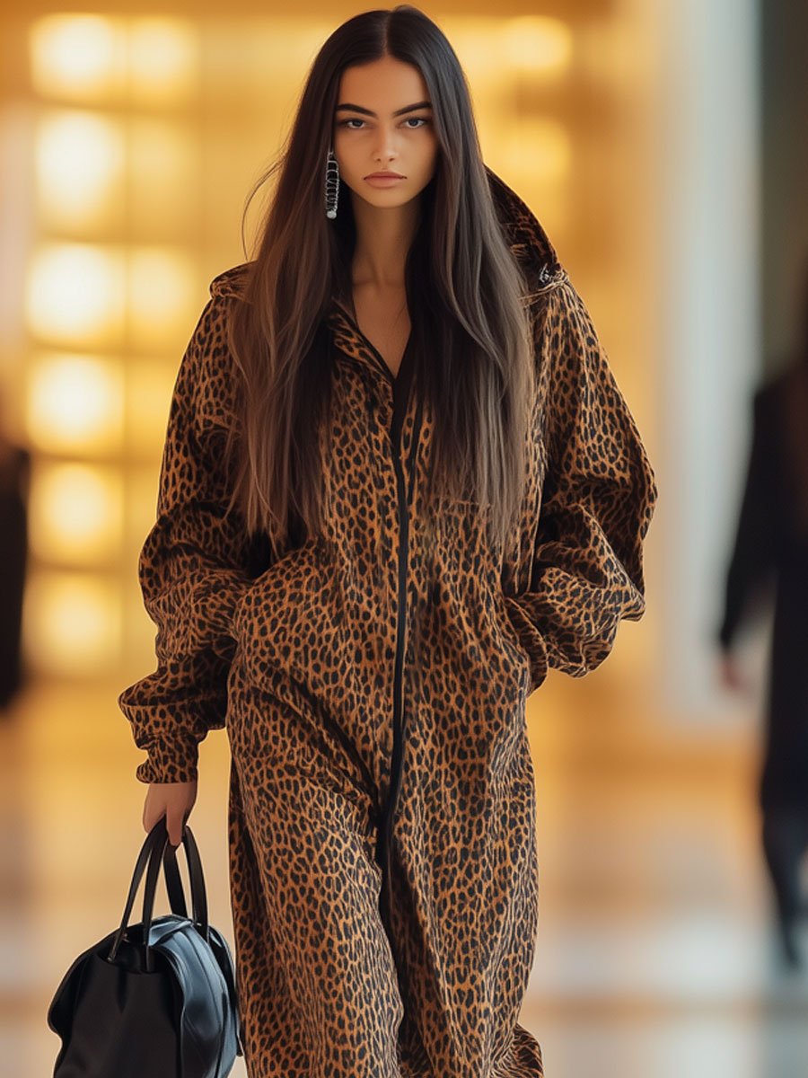 Casual Loose Retro Leopard Print Zipper Hooded Long Sleeve Jumpsuit