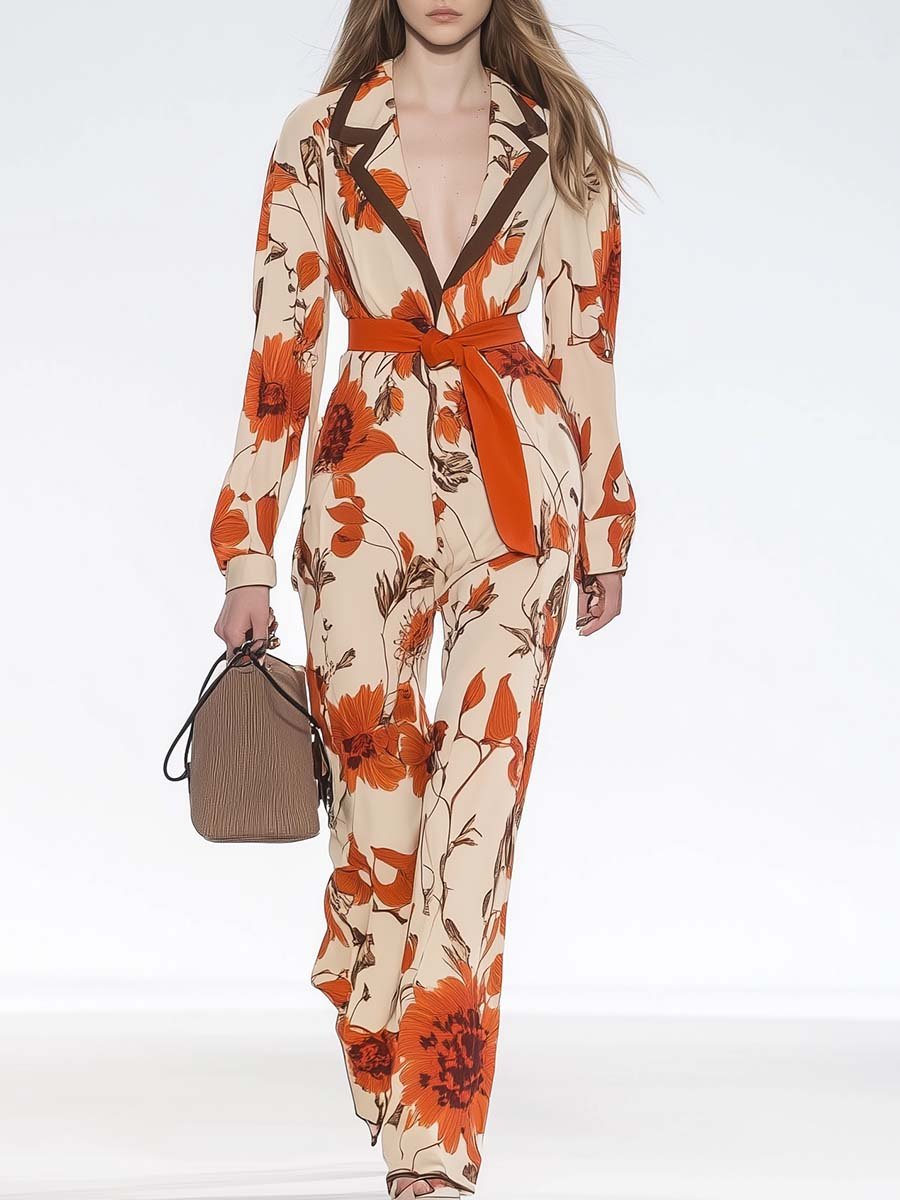 Romantic Personality Lapel Beige Orange Floral Print Jumpsuit