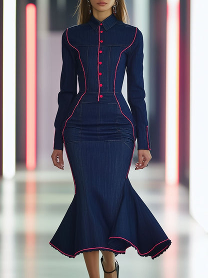 Retro Fashion Long Sleeve Navy Blue Denim Red Topstitched Fishtail Midi Dress