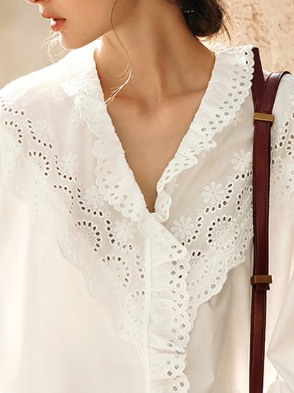 Loose Fashionable Elegant Lace Cotton White Shirt