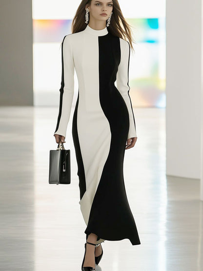 Fashion Retro Black And White Stitching Long Sleeve Maxi Dress