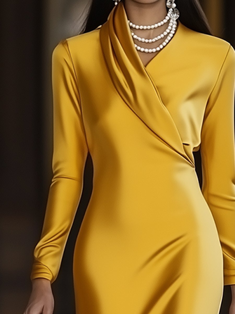 【24-hour shipping】Fashion Vintage Gold Satin Long Sleeve Midi Dress