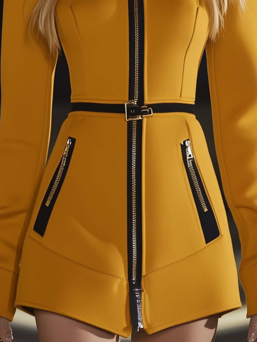 Fashionable Hooded Collar Zipper Coat Style Yellow Mini Dress