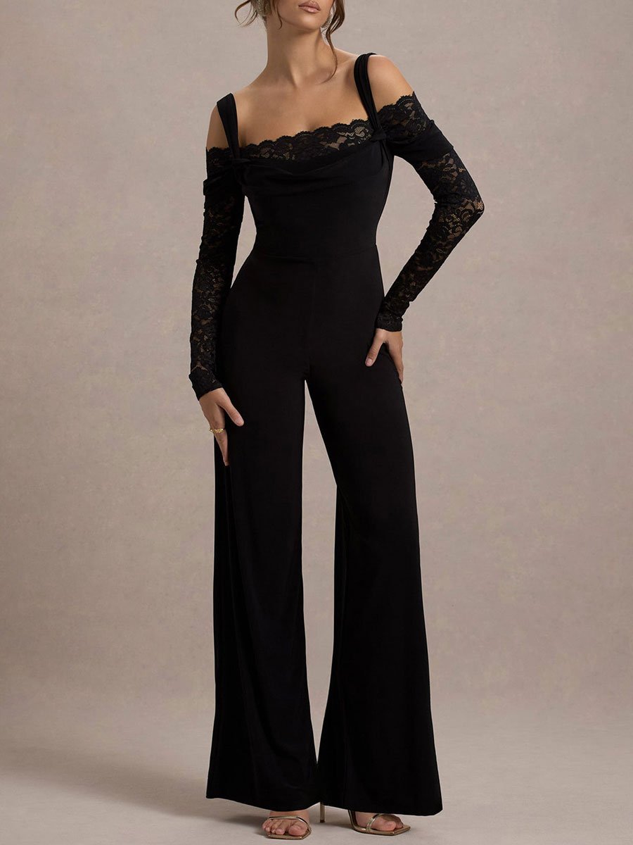 Fashion Party Lace Stitching Off-the-shoulder Long-sleeved Wide-leg Flared Jumpsuit