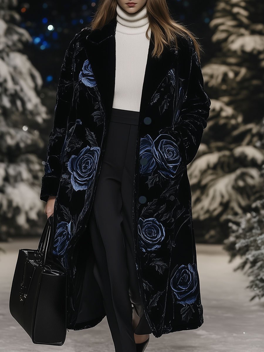 Casual Loose Retro Black Velvet Blue Rose Print Long Pocket Coat