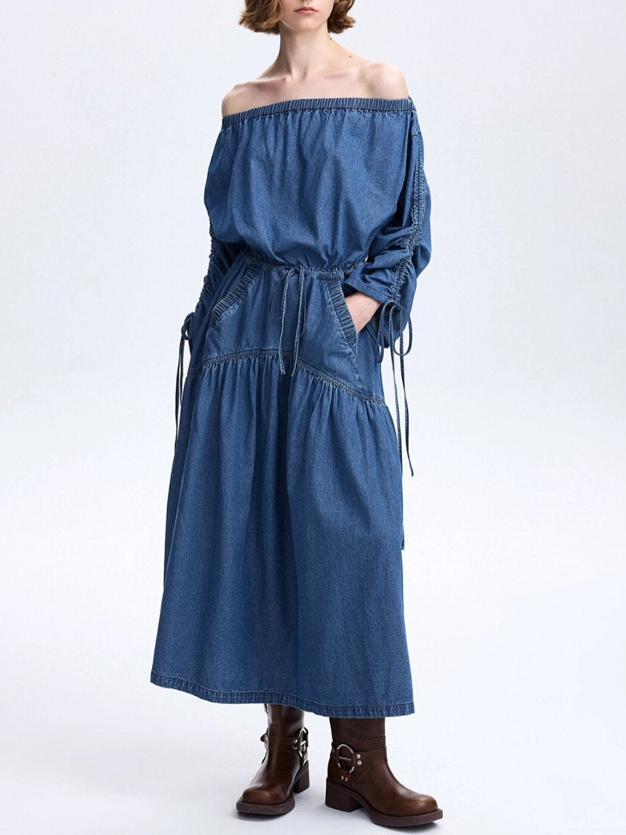 Casual Loose Fashion One Shoulder Drawstring Denim Midi Dress