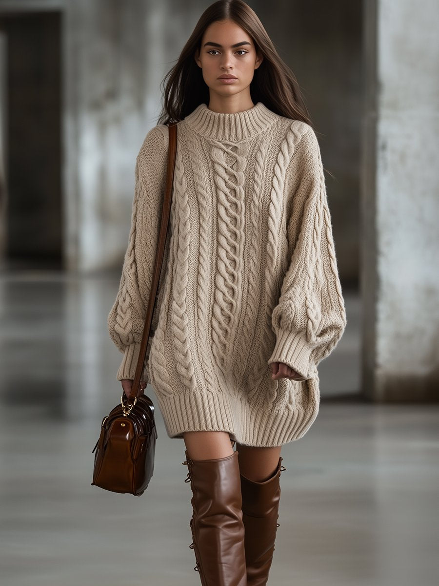 Retro Lazy Style Thickened Knitted Twisted Mid-Length Loose Pullover Dress