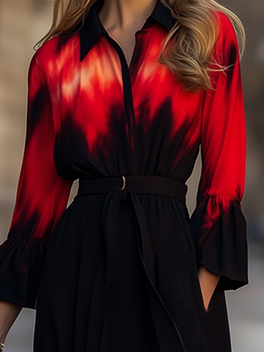 High-End Fashionable Black And Red Tie-Dyed Trumpet Sleeve Shirt Midi Dress