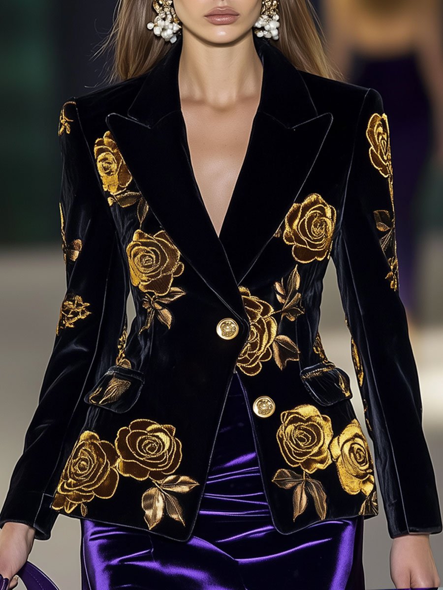 Casual Loose Retro Black Velvet Gold Rose Print Lapel Blazer