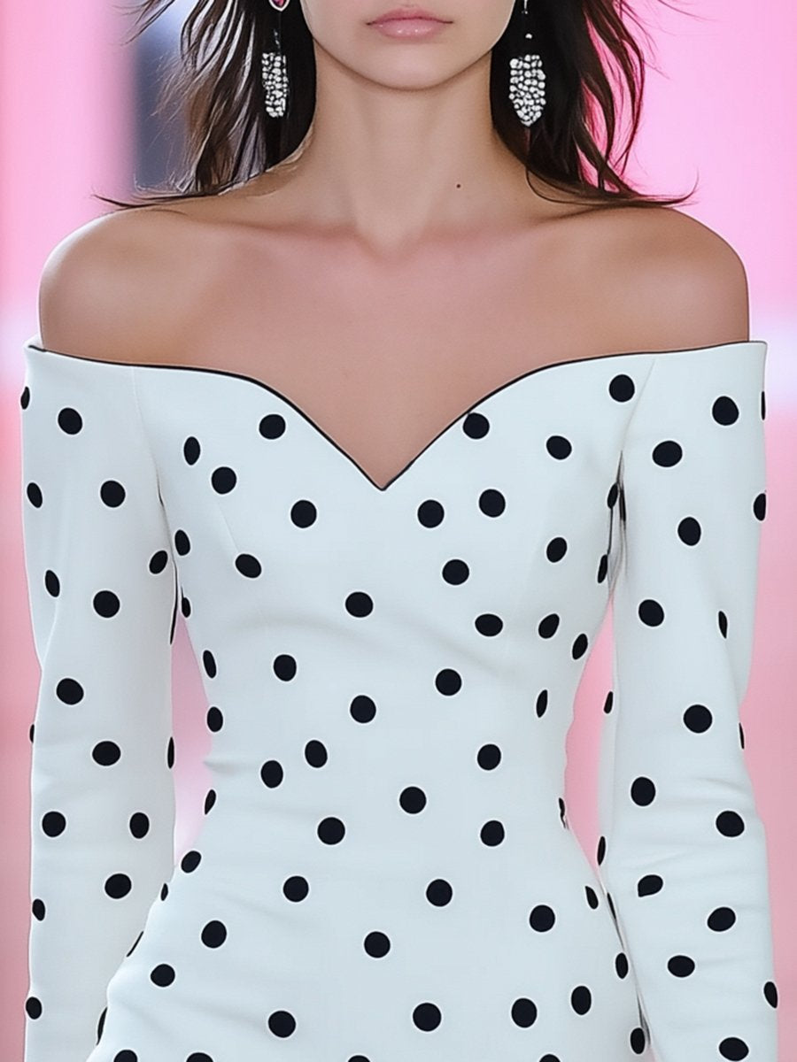 Elegant and Charming One-shoulder Black Polka Dot Mini Dress