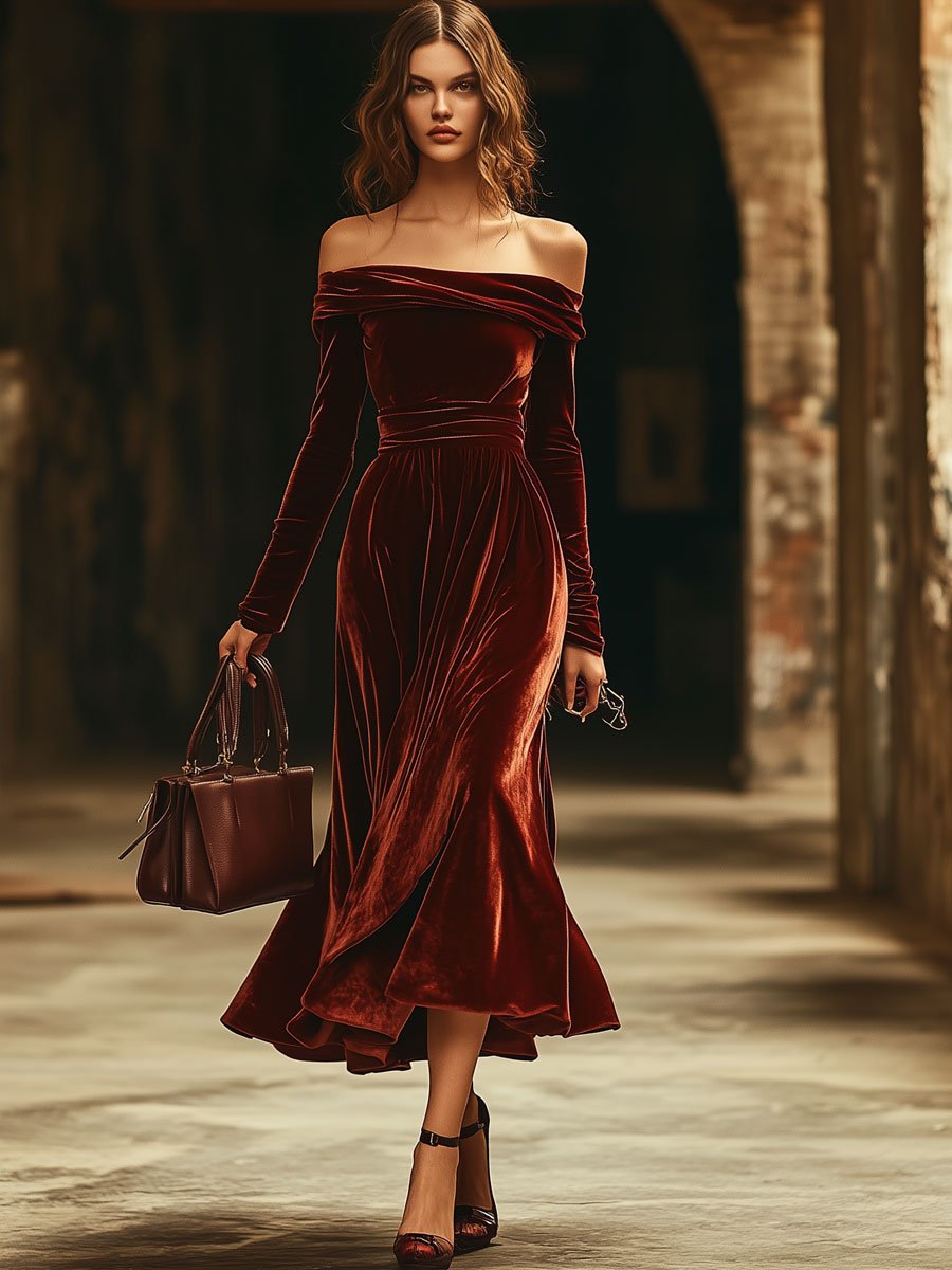 【24-hour shipping】Fashion Party Off-shoulder Solid Color Velvet Long Sleeve Midi Dress