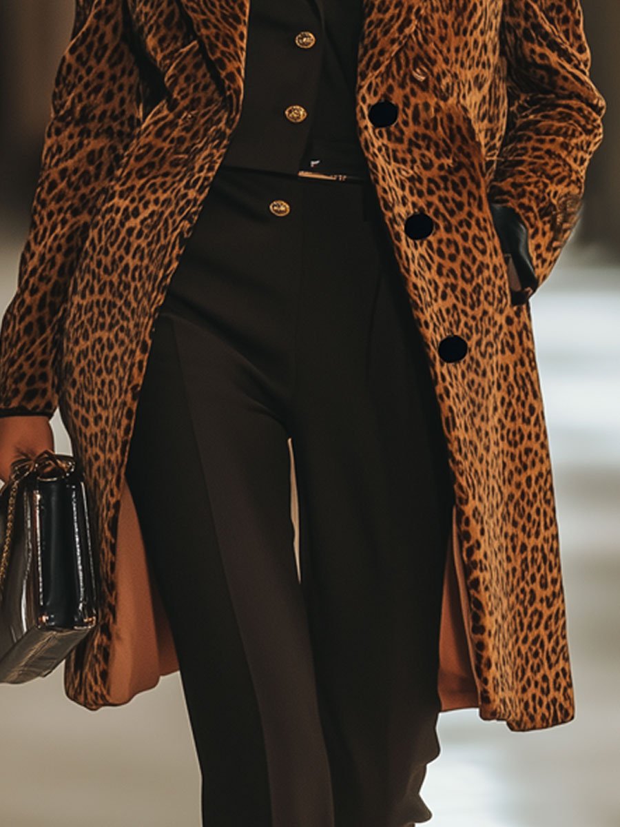 Casual Loose Vintage Velvet Brown Leopard Print Lapel Midi Coat