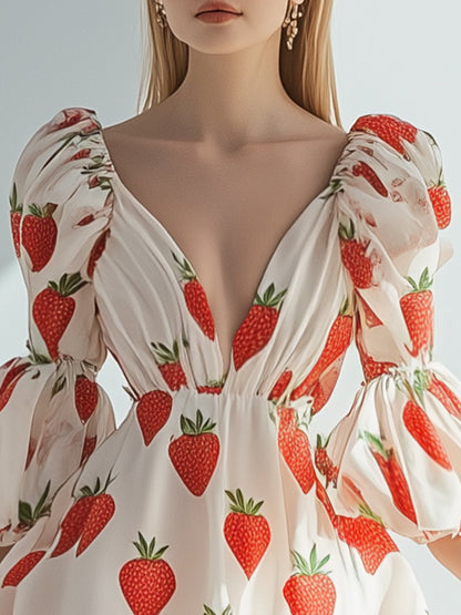 Fashion Strawberry Printed Chiffon Puff Sleeve Mini Dress