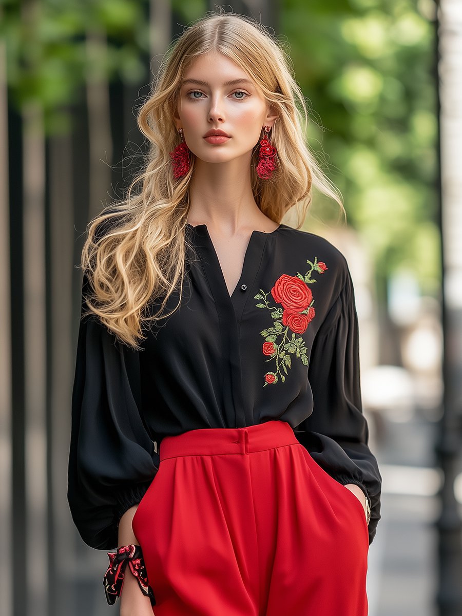 Retro Elegant Fashion Rose Embroidery Black Shirt