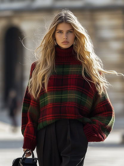 Retro Fashion Casual Loose Plaid Turtleneck Knitted Sweater