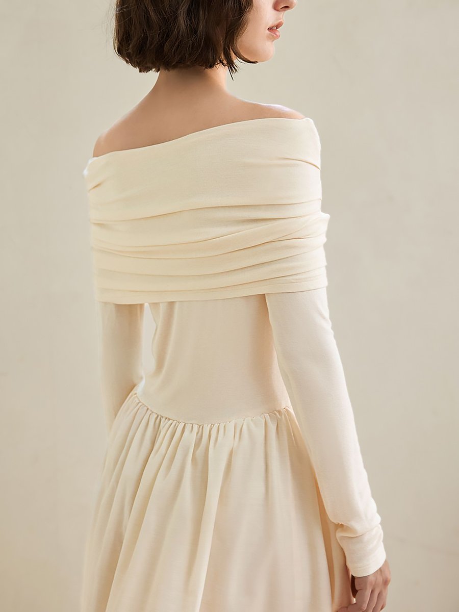 High-end Elegant Fashion One Shoulder Off-White Midi Dress