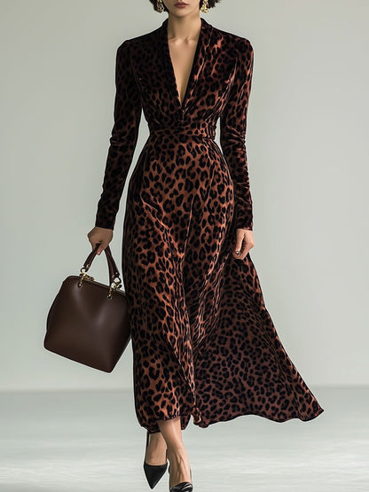 V-Neck Vintage Brown Velvet Leopard Print Long Sleeve Maxi Dress