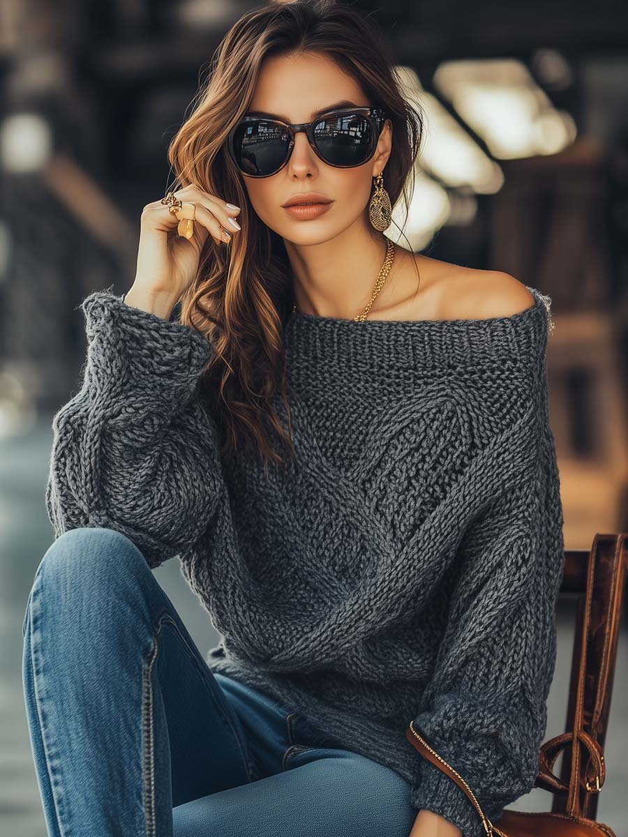 Retro Fashion Off-Shoulder Knitted Textured Pullover Sweater