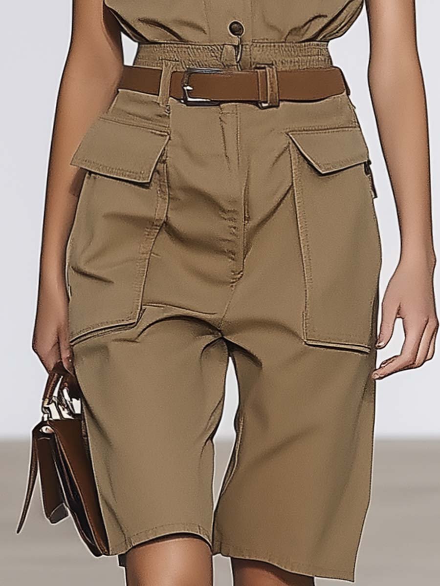 Personalized Shirt-style Sleeveless Belted Khaki Overalls Short Jumpsuit