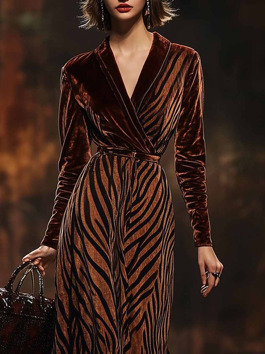 Loose Vintage Velvet Zebra Print V-Neck Long Sleeve Maxi Dress