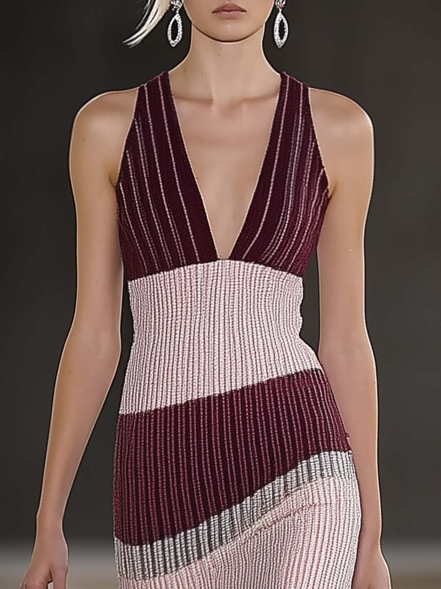 Elegant Vest-style V-neck Burgundy and Light Pink Contrast Knitted Midi Dress