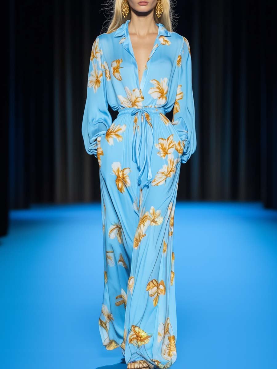 Elegant Casual Floral Print Waist Drawstring Light Blue Jumpsuit