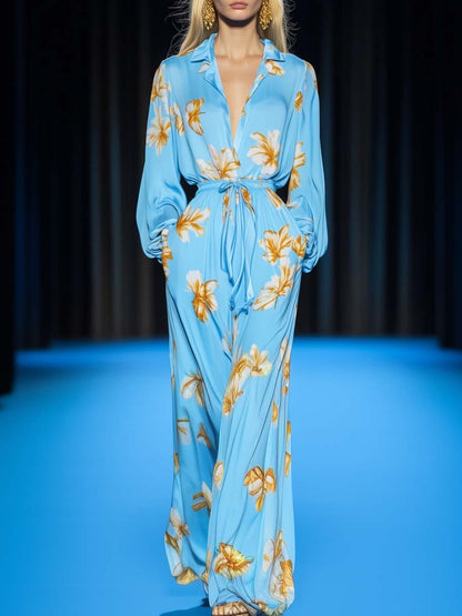 Elegant Casual Floral Print Waist Drawstring Light Blue Jumpsuit