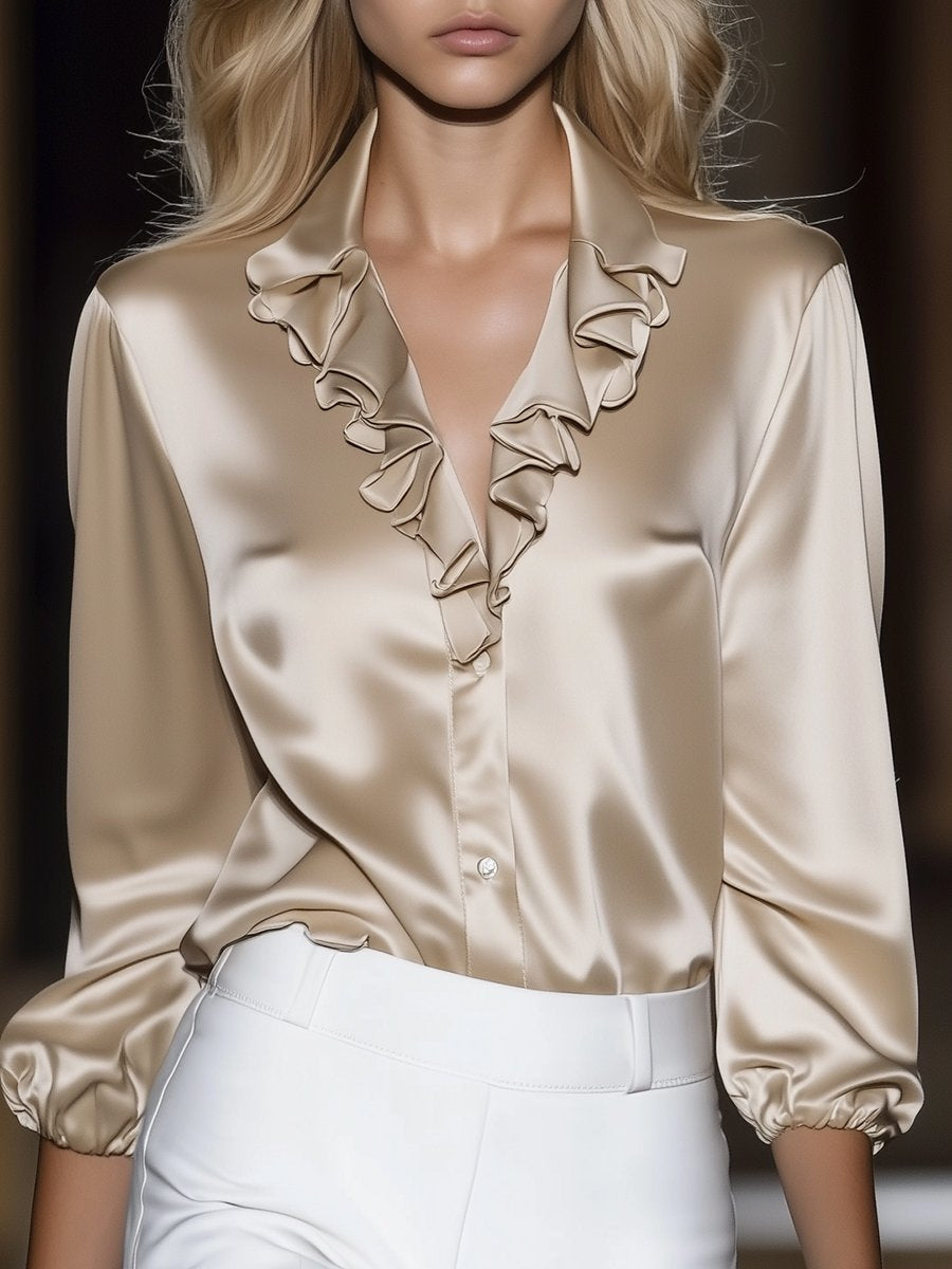 Versatile Ruffle Neck Satin Long Sleeve Shirt