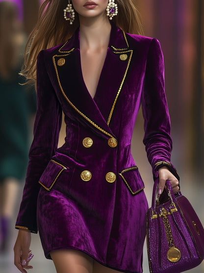 Casual Fashion Vintage Purple Velvet Gold Trim Suit Mini Dress