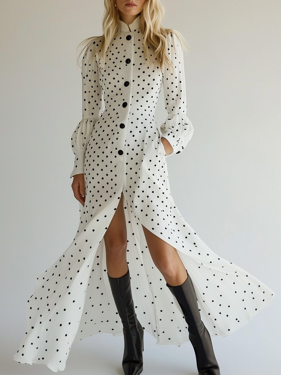 Retro Elegant Small Stand Collar Black Polka Dot White Maxi Dress