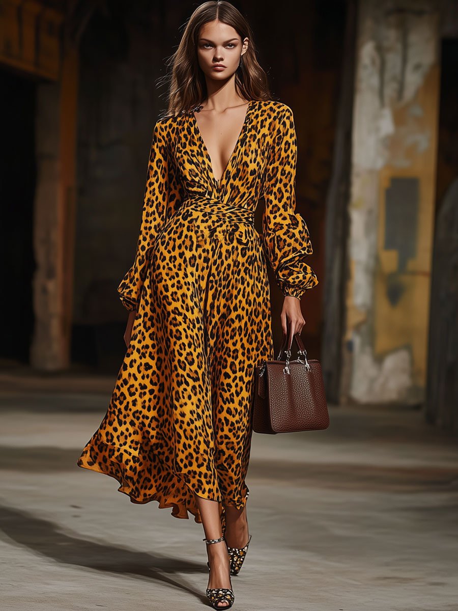 V-Neck Fashionable Party Leopard Print Velvet Long-Sleeved Midi Dress