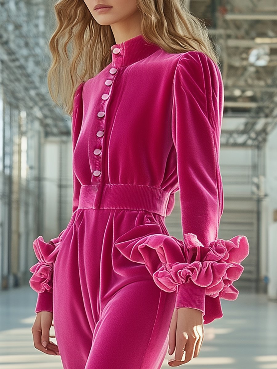 Fashionable Pink Ruffled Stand-up Collar Jumpsuit