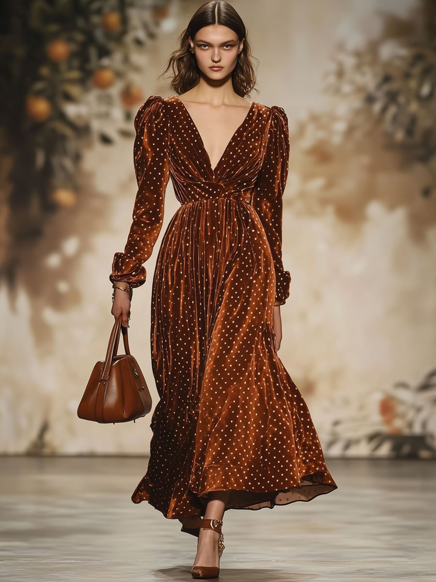 Fashion Retro Velvet Polka Dot Print V-Neck Long Sleeve Maxi Dress