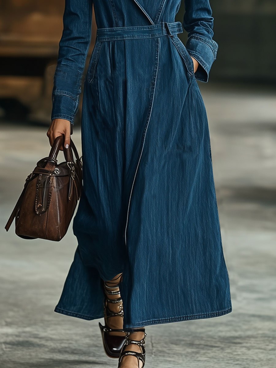 Casual Retro Pocket Denim Long Sleeve Maxi Dress Style Trench Coat