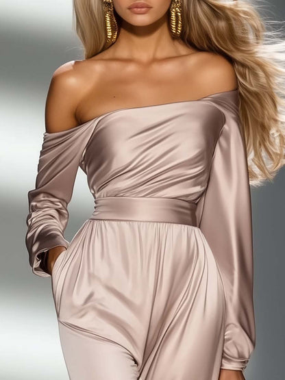 Elegant and Stylish Off-the-shoulder Champagne Satin Jumpsuit