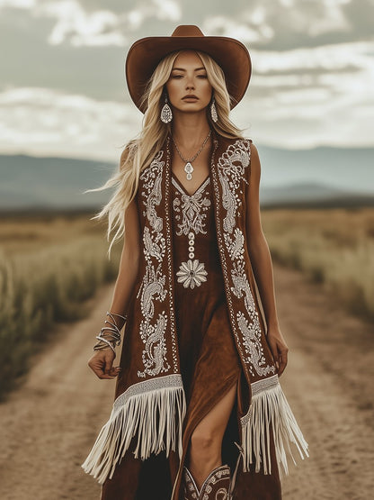 Western Paisley Pattern White Tassel Brown Suede Midi Vest