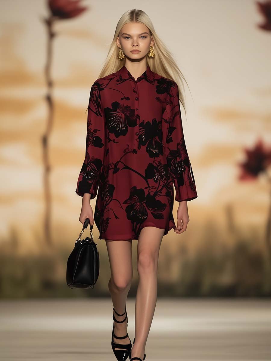 Personalized Plum Blossom Print Wine Red Loose Shirt-style Mini Dress