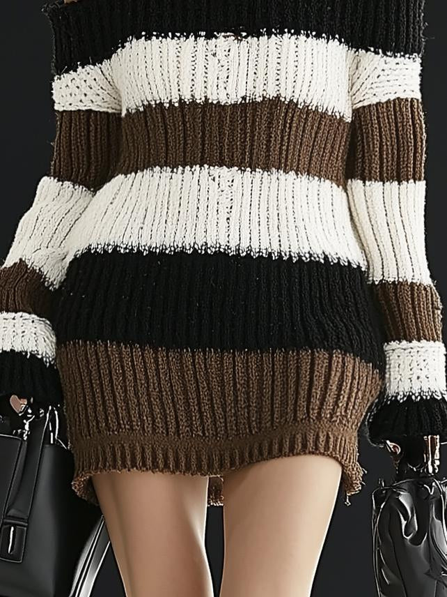 Classic Off-The-Shoulder Striped Long-Sleeve Knit Mini Dress