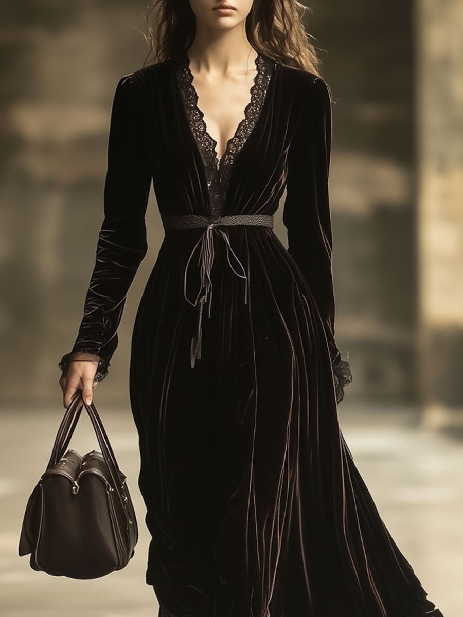 【24-hour shipping】V-Neck Lace Panel Solid Velvet Long-Sleeved Maxi Dress