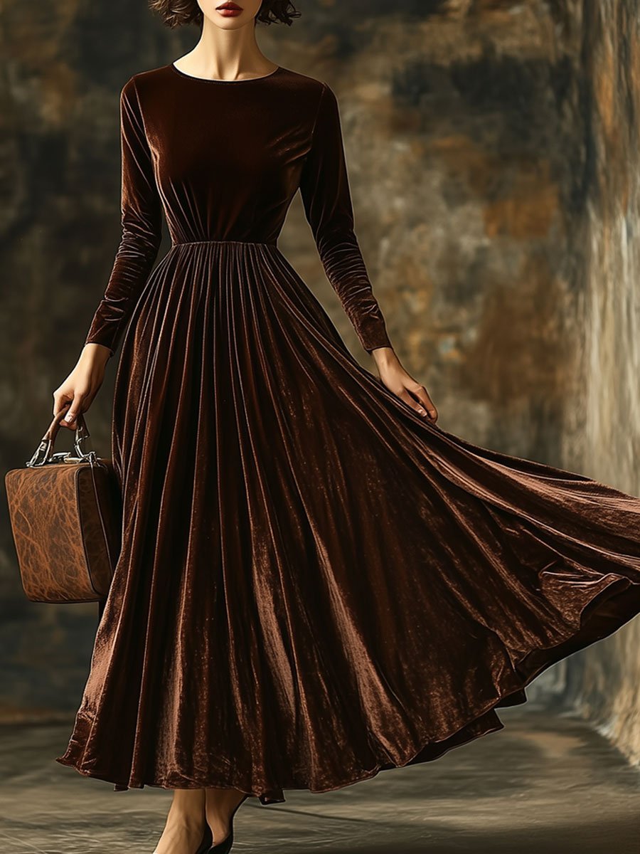 Vintage Chocolate Velvet Long Sleeve Crewneck Maxi Dress