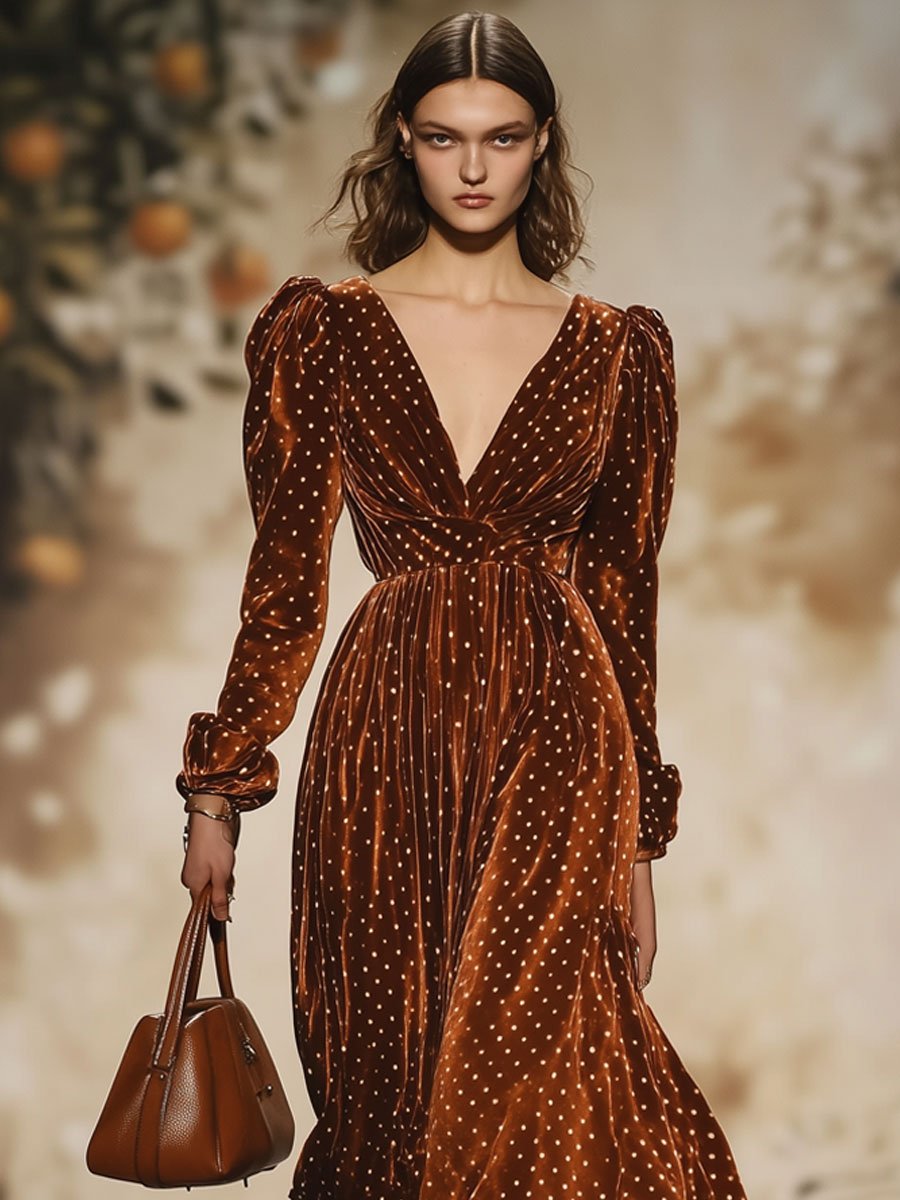 Fashion Retro Velvet Polka Dot Print V-Neck Long Sleeve Maxi Dress