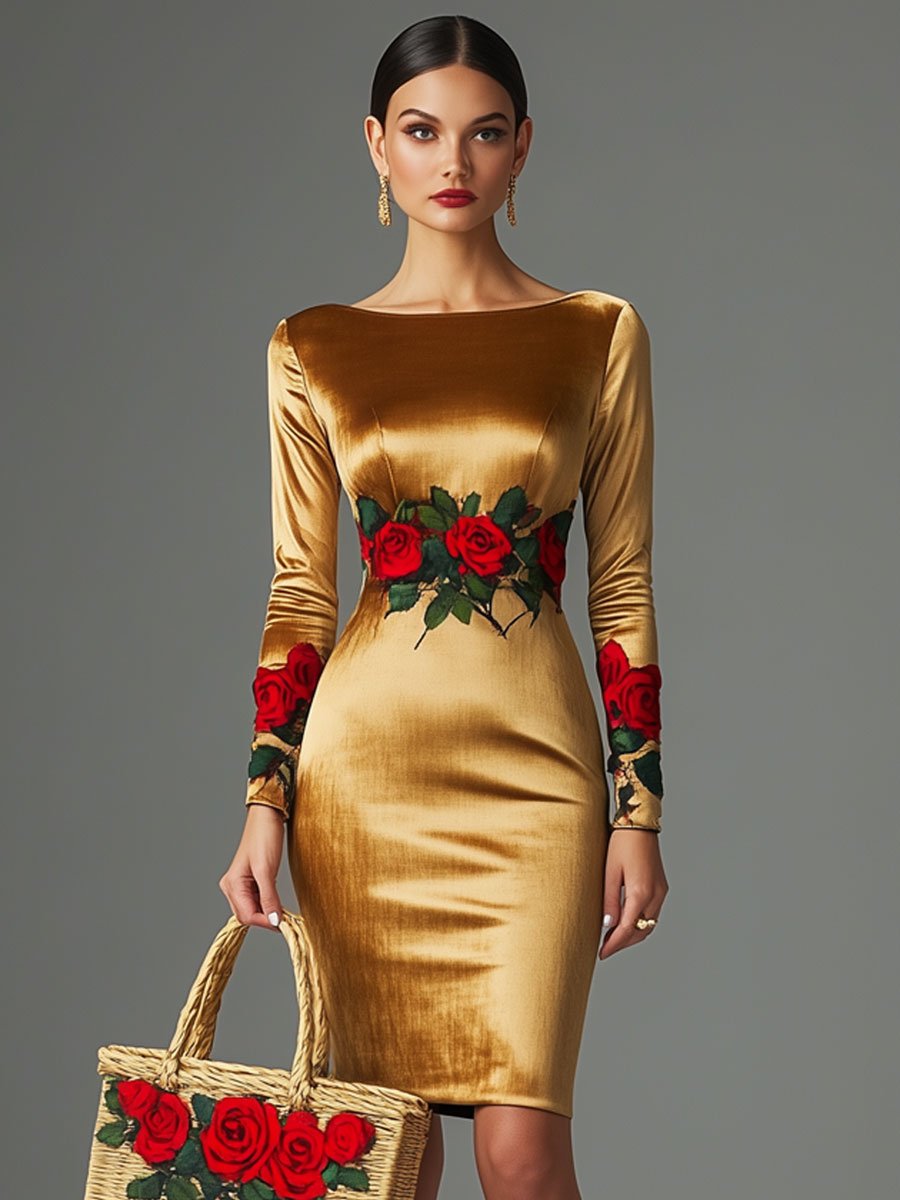 Fashion Retro Rose Print Gold Velvet Long Sleeve Slim Mini Dress